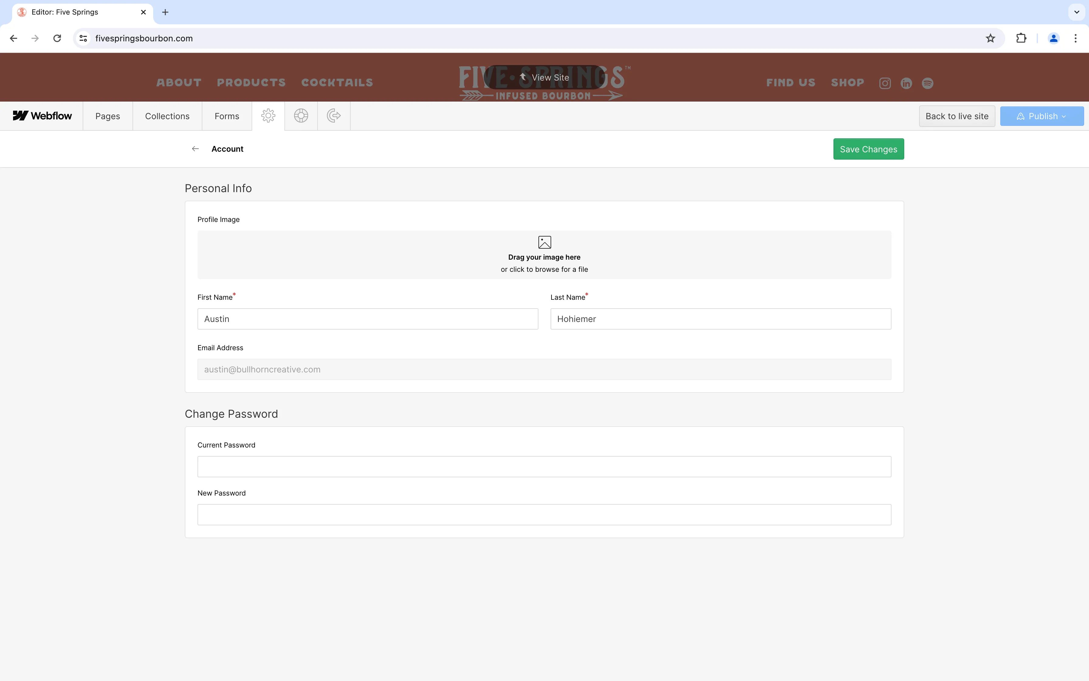 A screenshot of the account settings dashboard in the Webflow Editor