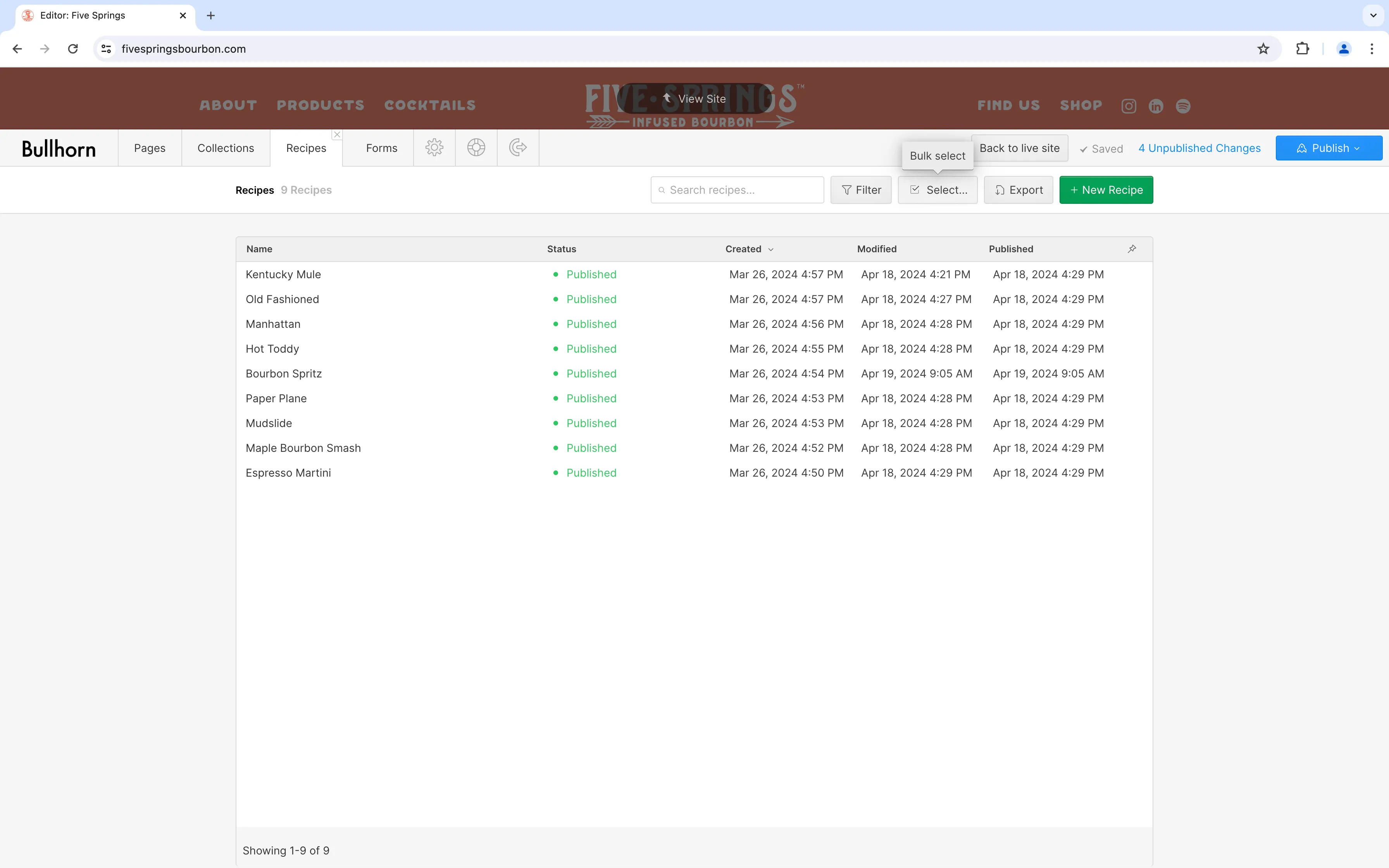 A screenshot of the 'Select' button available on the items list page for Webflow collections