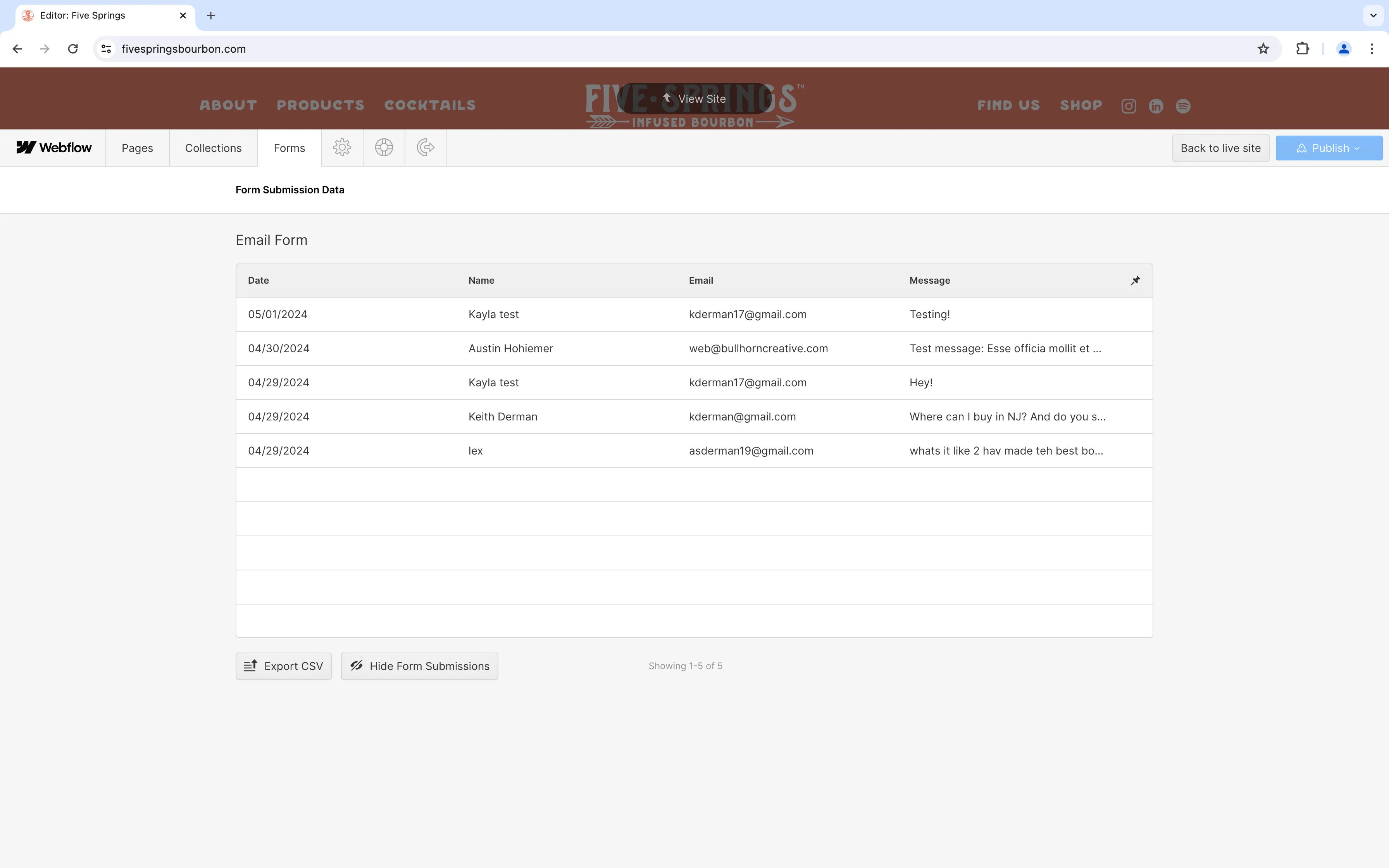 A screenshot of the forms dashboard in the Webflow Editor