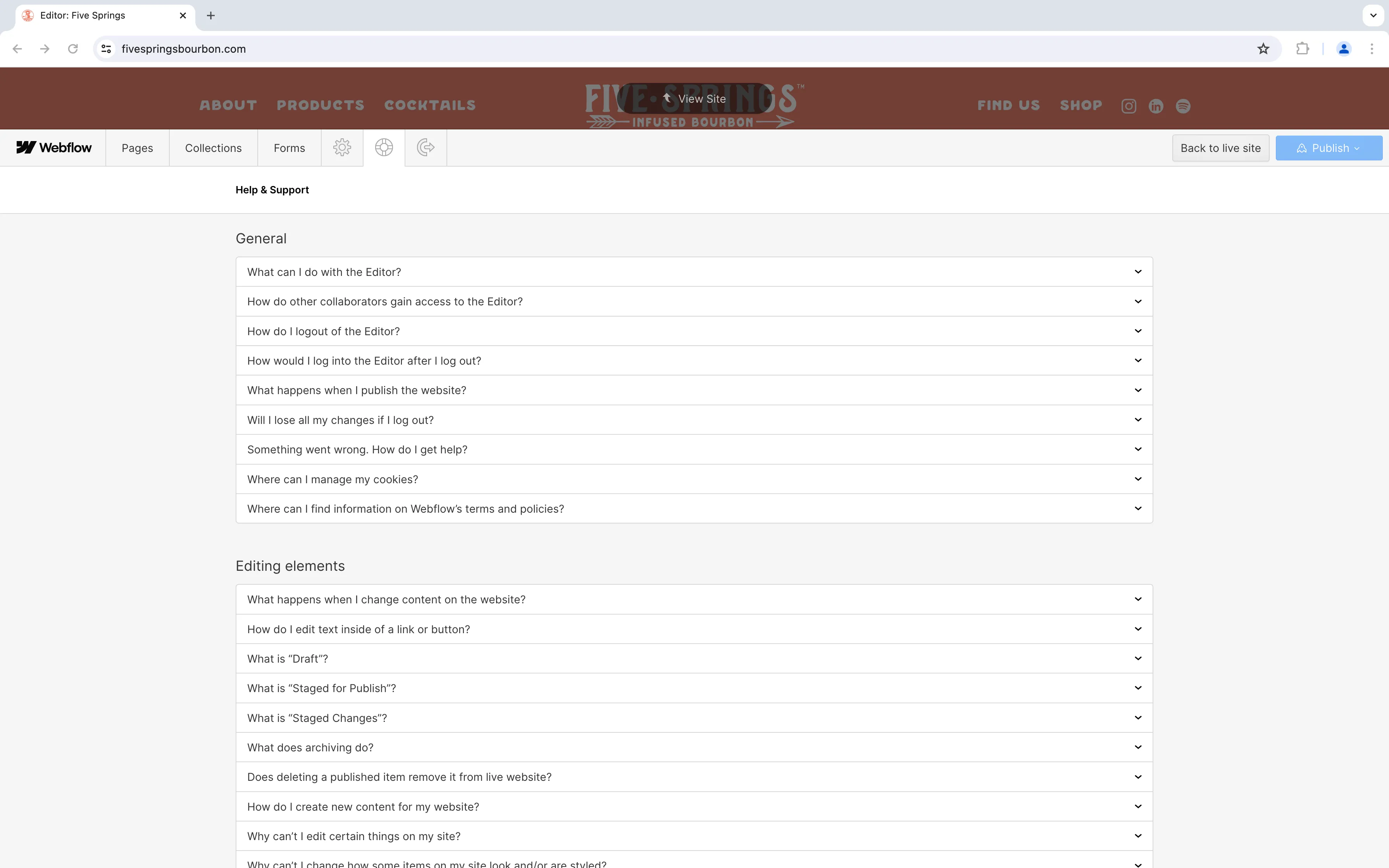 A screenshot of the Help and Support dashboard in the Webflow Editor dashboard.
