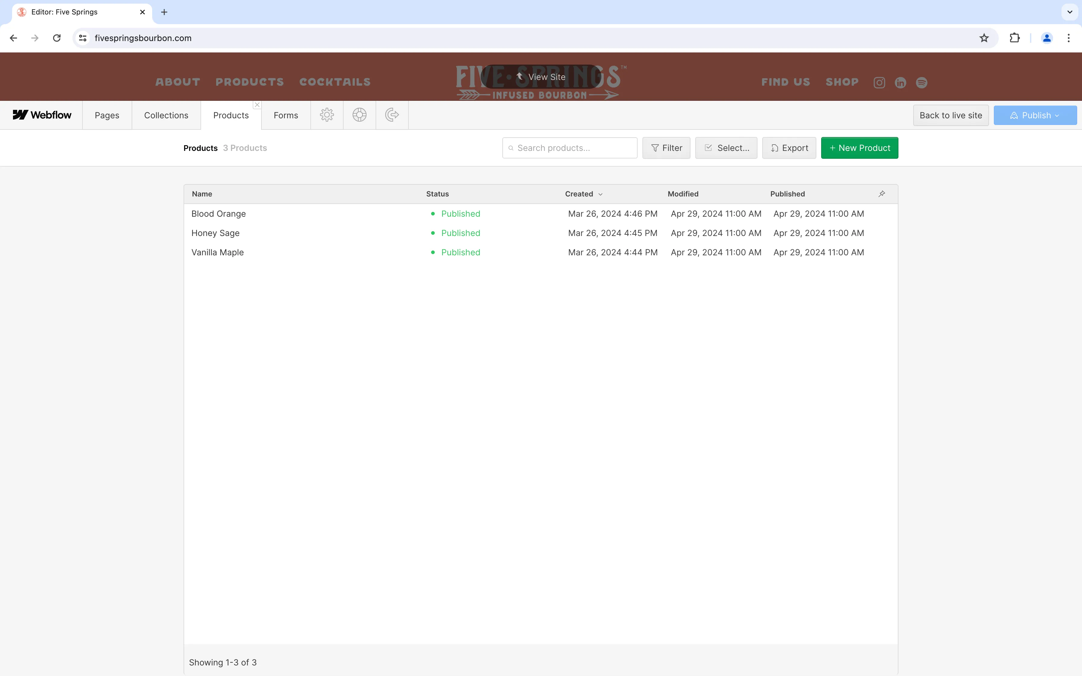 An image of products collection entries of the Webflow Editor