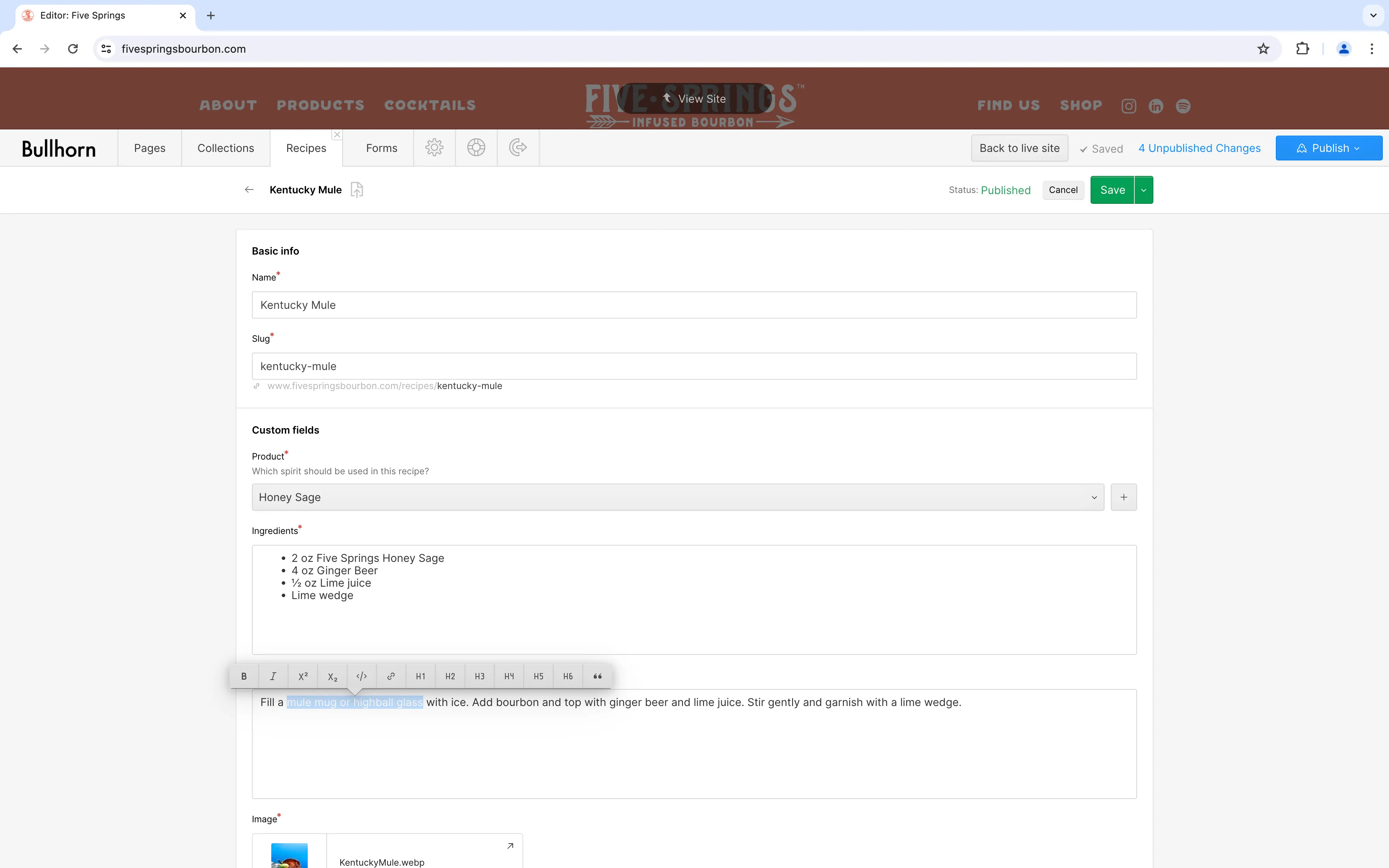 A screenshot of the rich text formatting options available as a tooltip when content is selected/highlighted in the body copy section